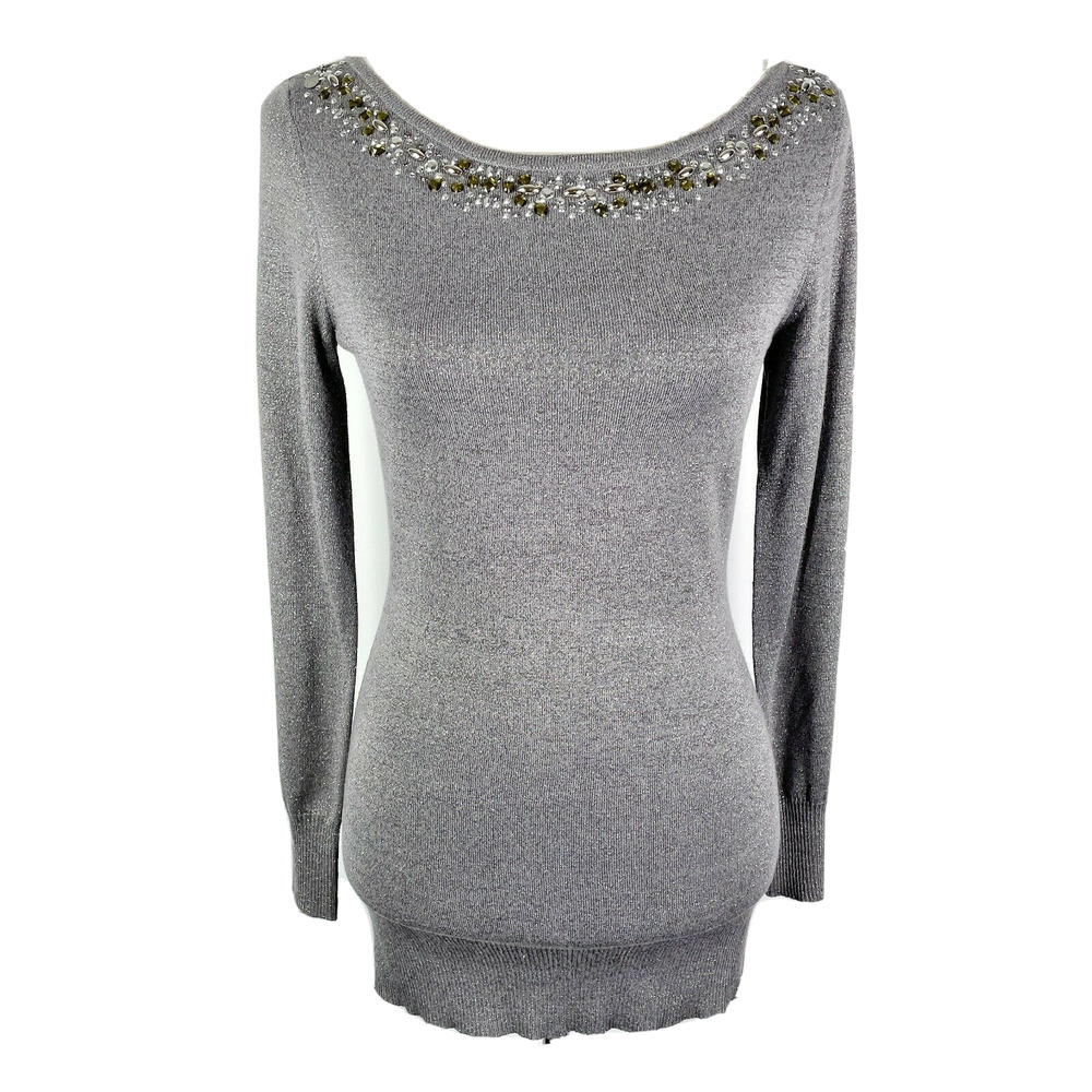 Cache Sweater Size Small S Gray Metallic Embellished Rhinestone Long Sleeve